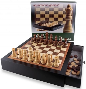 CHESS AND CHECKERS IN BLACK WOODEN CASE